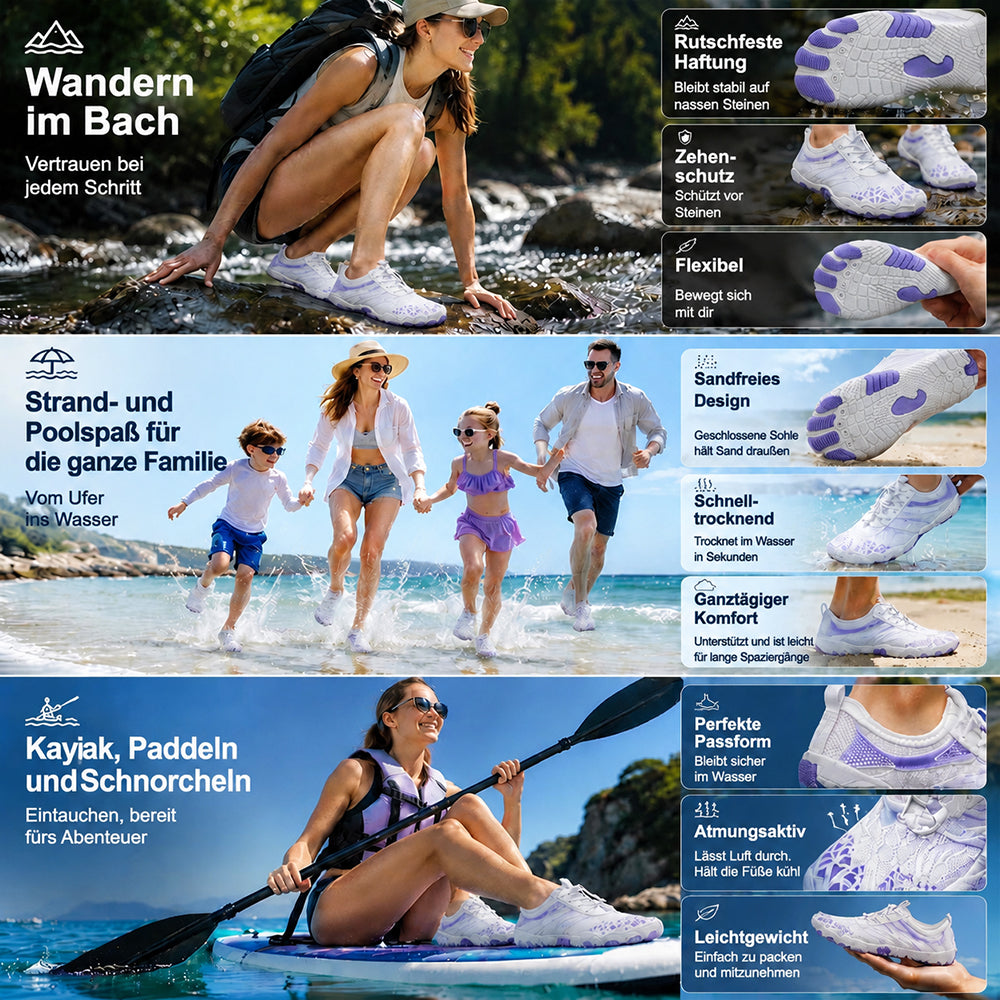 Unisex Barfuß-Wasserschuhe | Aufblasbares Selbstrettungssystem | Hilft bei der Behandlung von Fußpilz | Memory-Foam-Fußgewölbestütze | Wasserdicht, atmungsaktiv & sandabweisend | Ultraleichte, schnell trocknende Aqua-Schuhe