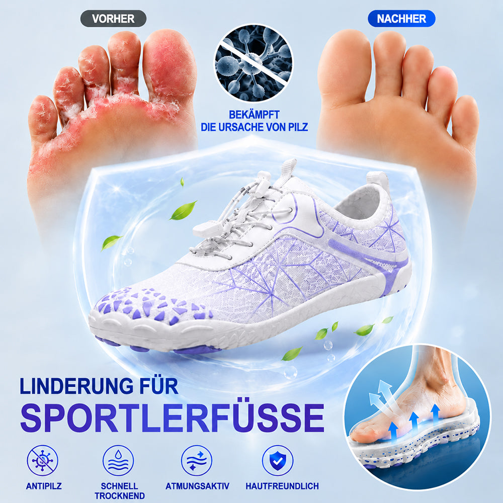 Unisex Barfuß-Wasserschuhe | Aufblasbares Selbstrettungssystem | Hilft bei der Behandlung von Fußpilz | Memory-Foam-Fußgewölbestütze | Wasserdicht, atmungsaktiv & sandabweisend | Ultraleichte, schnell trocknende Aqua-Schuhe