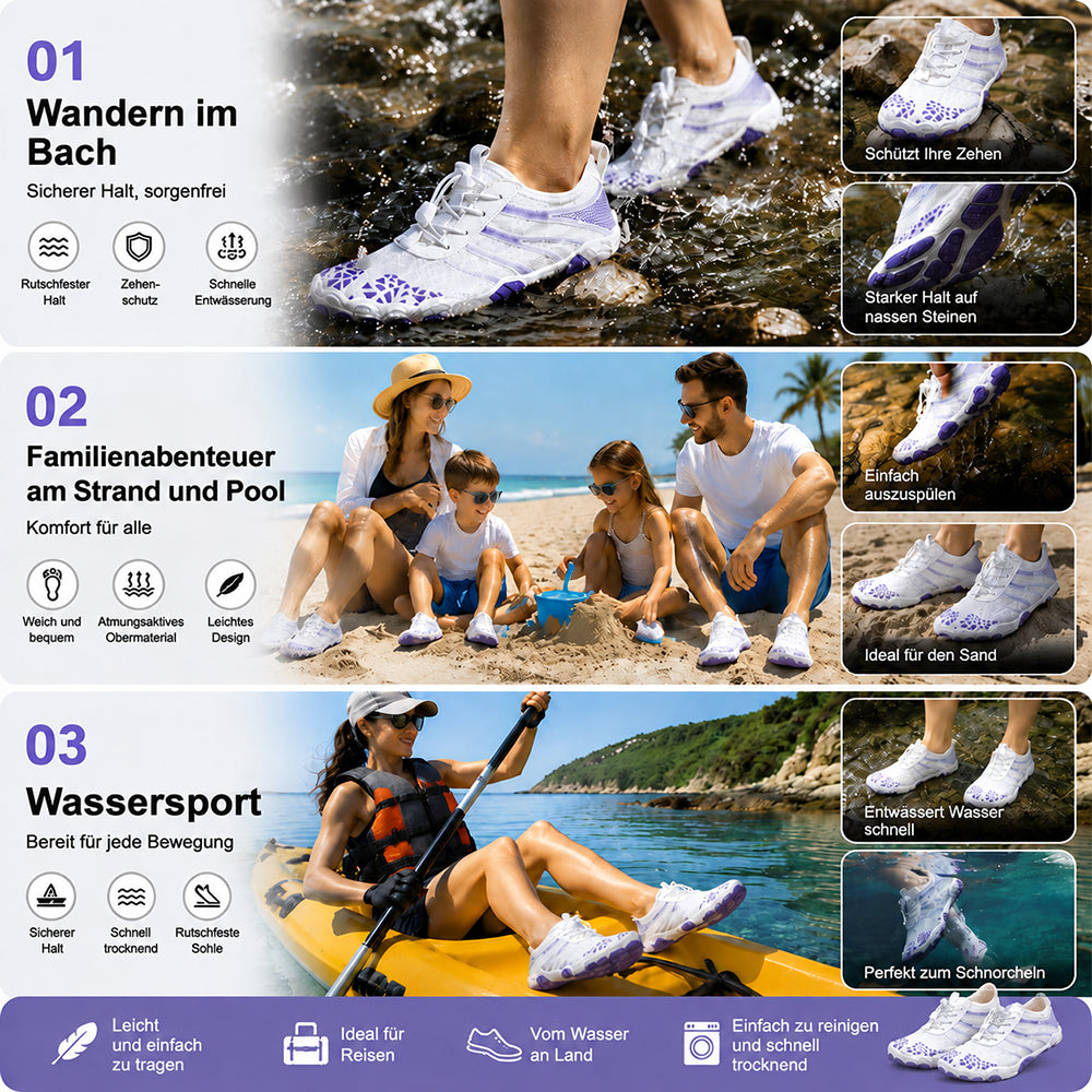 Unisex Barfuß-Wasserschuhe | Aufblasbares Selbstrettungssystem | Hilft bei der Behandlung von Fußpilz | Memory-Foam-Fußgewölbestütze | Wasserdicht, atmungsaktiv & sandabweisend | Ultraleichte, schnell trocknende Aqua-Schuhe