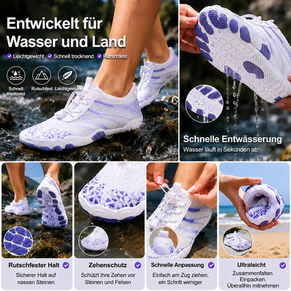 Unisex Barfuß-Wasserschuhe | Aufblasbares Selbstrettungssystem | Hilft bei der Behandlung von Fußpilz | Memory-Foam-Fußgewölbestütze | Wasserdicht, atmungsaktiv & sandabweisend | Ultraleichte, schnell trocknende Aqua-Schuhe