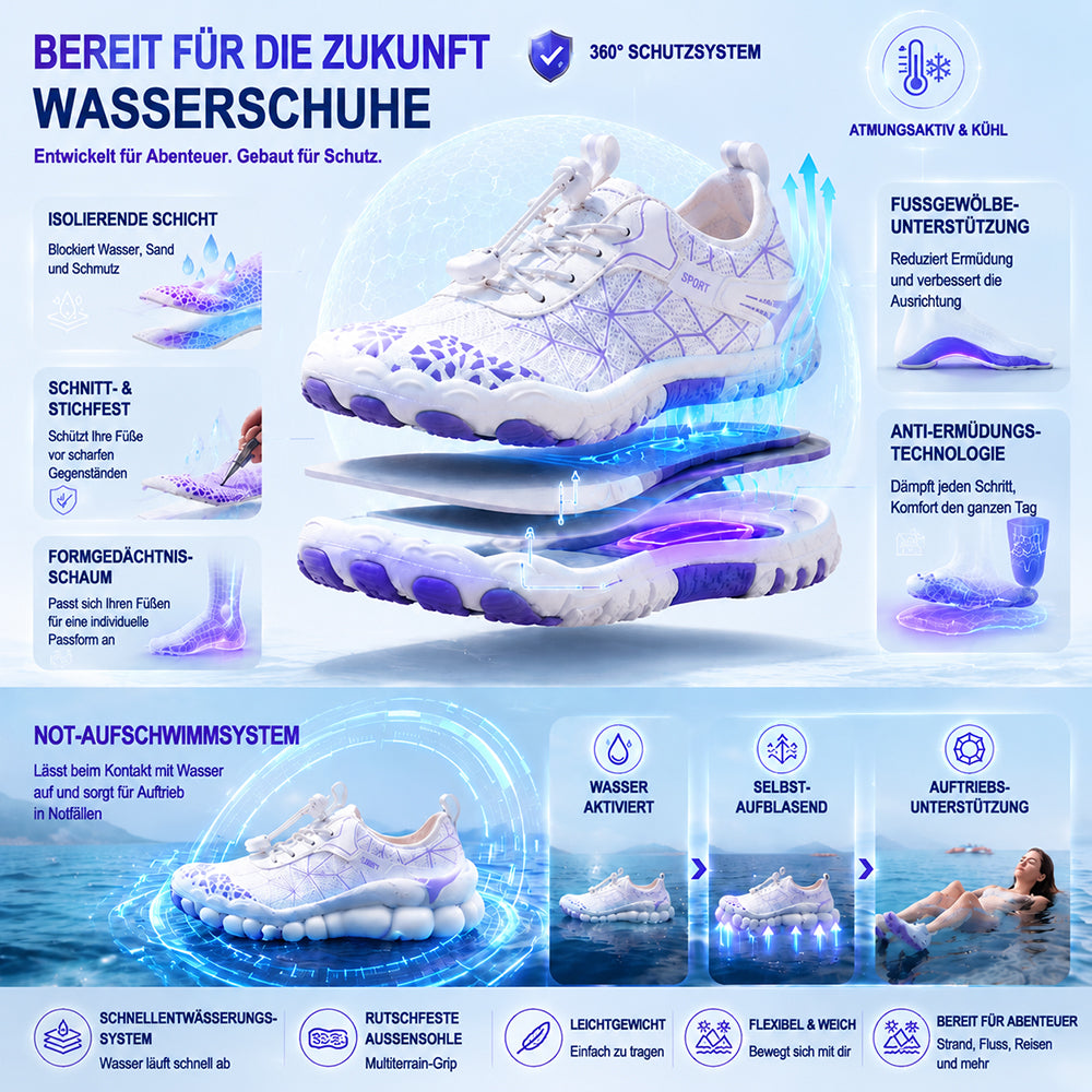 Unisex Barfuß-Wasserschuhe | Aufblasbares Selbstrettungssystem | Hilft bei der Behandlung von Fußpilz | Memory-Foam-Fußgewölbestütze | Wasserdicht, atmungsaktiv & sandabweisend | Ultraleichte, schnell trocknende Aqua-Schuhe