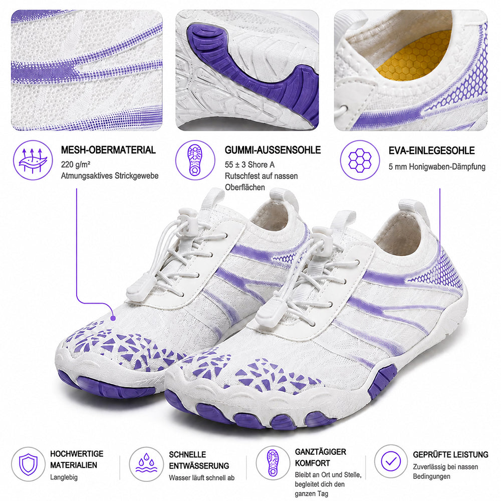 Unisex Barfuß-Wasserschuhe | Aufblasbares Selbstrettungssystem | Hilft bei der Behandlung von Fußpilz | Memory-Foam-Fußgewölbestütze | Wasserdicht, atmungsaktiv & sandabweisend | Ultraleichte, schnell trocknende Aqua-Schuhe