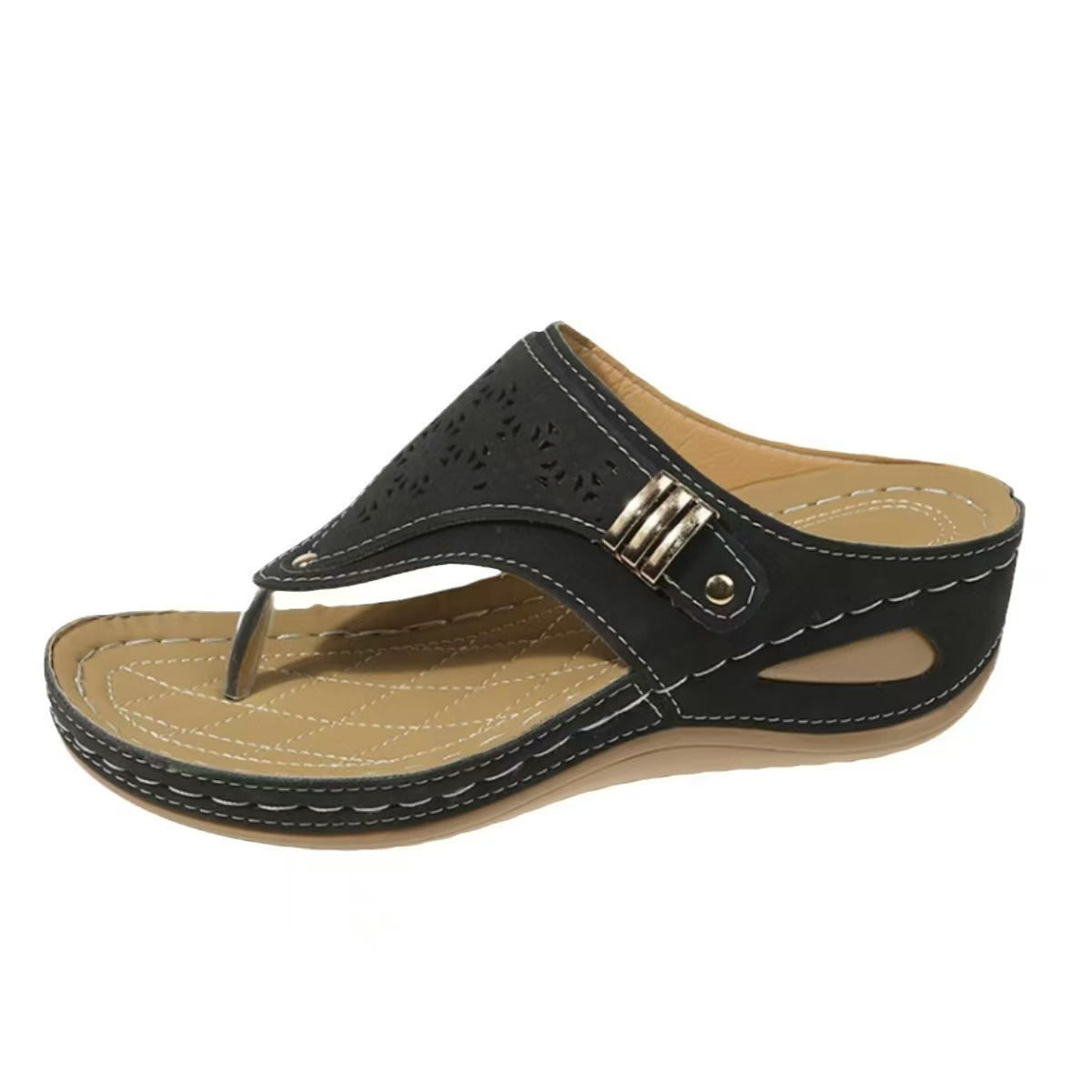 Damen-Zehentrenner mit Keilabsatz und Fußgewölbeunterstützung, Vintage-Sandalen in weiter Passform mit Keilabsatz