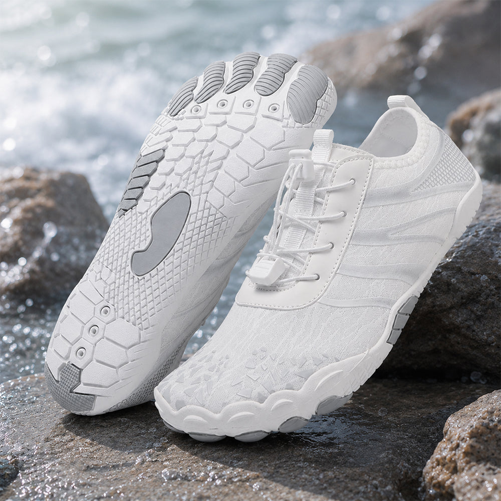 Unisex Barfuß-Wasserschuhe | Aufblasbares Selbstrettungssystem | Hilft bei der Behandlung von Fußpilz | Memory-Foam-Fußgewölbestütze | Wasserdicht, atmungsaktiv & sandabweisend | Ultraleichte, schnell trocknende Aqua-Schuhe