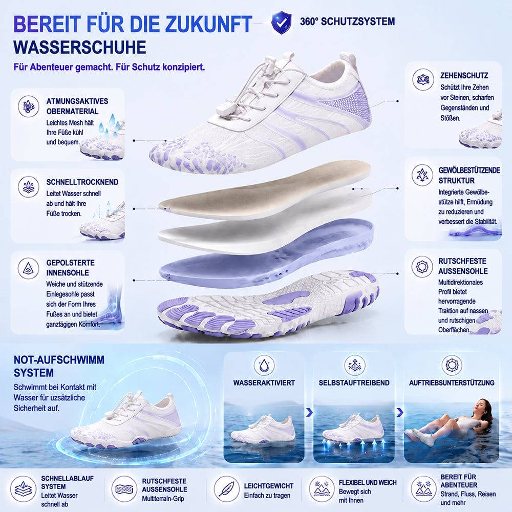 Unisex Barfuß-Wasserschuhe | Aufblasbares Selbstrettungssystem | Hilft bei der Behandlung von Fußpilz | Memory-Foam-Fußgewölbestütze | Wasserdicht, atmungsaktiv & sandabweisend | Ultraleichte, schnell trocknende Aqua-Schuhe