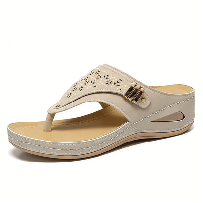 Damen-Zehentrenner mit Keilabsatz und Fußgewölbeunterstützung, Vintage-Sandalen in weiter Passform mit Keilabsatz