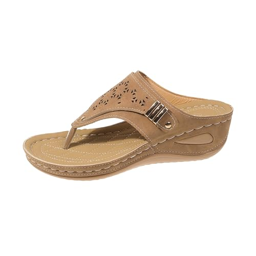 Damen-Zehentrenner mit Keilabsatz und Fußgewölbeunterstützung, Vintage-Sandalen in weiter Passform mit Keilabsatz